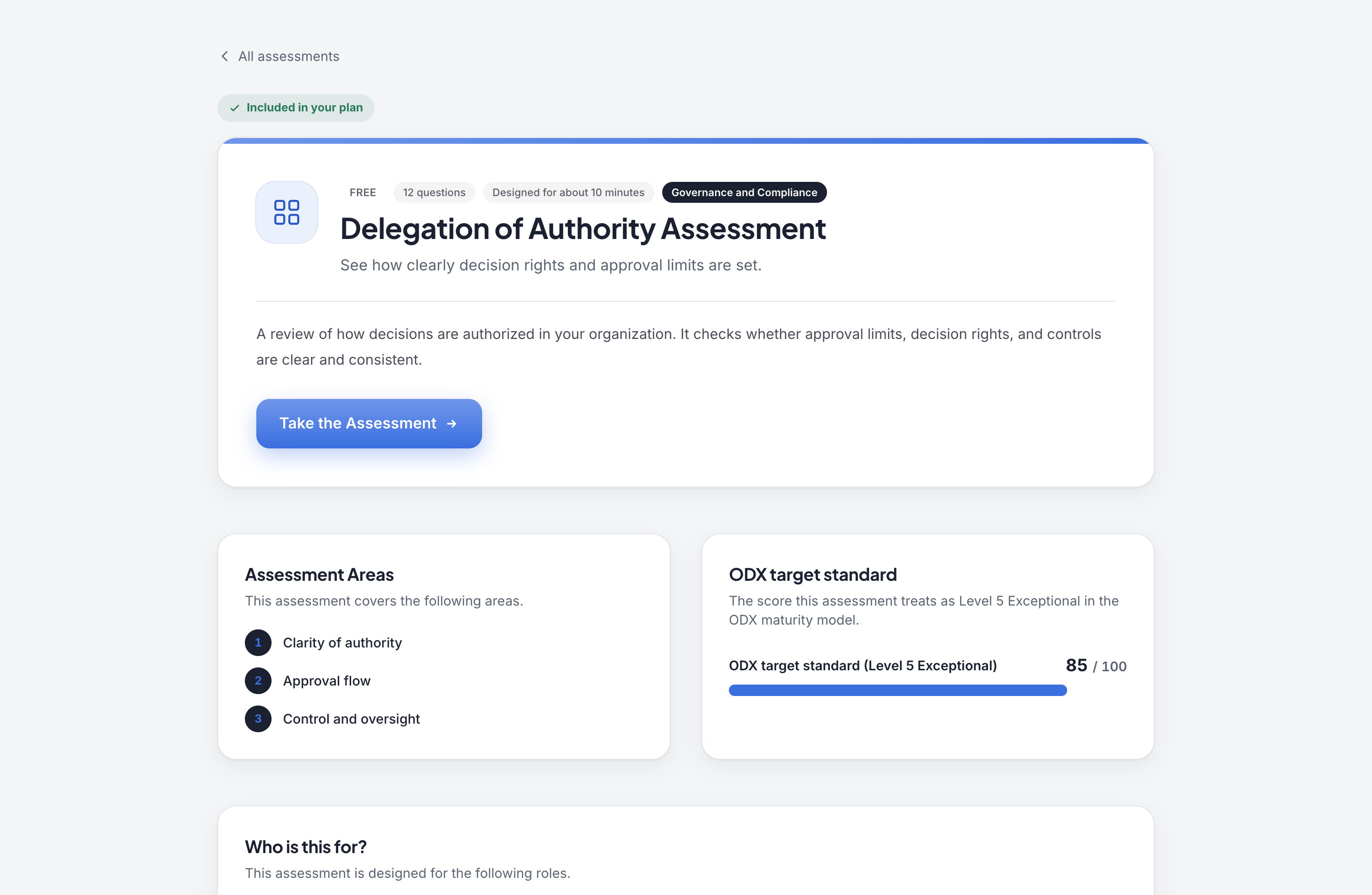 A real ODX assessment page: 12 questions, the target standard, the bands named.